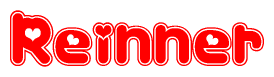 The image is a red and white graphic with the word Reinner written in a decorative script. Each letter in  is contained within its own outlined bubble-like shape. Inside each letter, there is a white heart symbol.