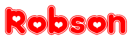 The image is a red and white graphic with the word Robson written in a decorative script. Each letter in  is contained within its own outlined bubble-like shape. Inside each letter, there is a white heart symbol.