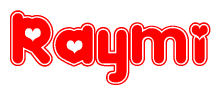 The image is a red and white graphic with the word Raymi written in a decorative script. Each letter in  is contained within its own outlined bubble-like shape. Inside each letter, there is a white heart symbol.