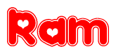 The image displays the word Ram written in a stylized red font with hearts inside the letters.