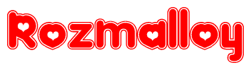The image is a clipart featuring the word Rozmalloy written in a stylized font with a heart shape replacing inserted into the center of each letter. The color scheme of the text and hearts is red with a light outline.