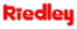 The image is a clipart featuring the word Riedley written in a stylized font with a heart shape replacing inserted into the center of each letter. The color scheme of the text and hearts is red with a light outline.