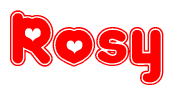 The image is a red and white graphic with the word Rosy written in a decorative script. Each letter in  is contained within its own outlined bubble-like shape. Inside each letter, there is a white heart symbol.