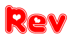 The image is a red and white graphic with the word Rev written in a decorative script. Each letter in  is contained within its own outlined bubble-like shape. Inside each letter, there is a white heart symbol.