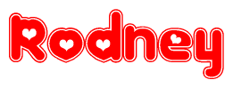 The image is a clipart featuring the word Rodney written in a stylized font with a heart shape replacing inserted into the center of each letter. The color scheme of the text and hearts is red with a light outline.
