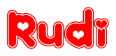 The image displays the word Rudi written in a stylized red font with hearts inside the letters.