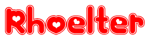 The image is a clipart featuring the word Rhoelter written in a stylized font with a heart shape replacing inserted into the center of each letter. The color scheme of the text and hearts is red with a light outline.