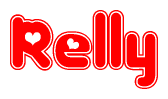 The image is a red and white graphic with the word Relly written in a decorative script. Each letter in  is contained within its own outlined bubble-like shape. Inside each letter, there is a white heart symbol.