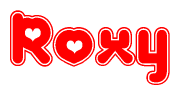 The image is a red and white graphic with the word Roxy written in a decorative script. Each letter in  is contained within its own outlined bubble-like shape. Inside each letter, there is a white heart symbol.