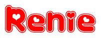 The image is a red and white graphic with the word Renie written in a decorative script. Each letter in  is contained within its own outlined bubble-like shape. Inside each letter, there is a white heart symbol.