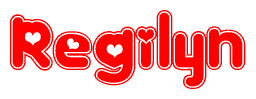   The image is a red and white graphic with the word Regilyn written in a decorative script. Each letter in  is contained within its own outlined bubble-like shape. Inside each letter, there is a white heart symbol. 