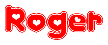 The image is a clipart featuring the word Roger written in a stylized font with a heart shape replacing inserted into the center of each letter. The color scheme of the text and hearts is red with a light outline.