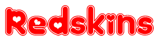 The image is a clipart featuring the word Redskins written in a stylized font with a heart shape replacing inserted into the center of each letter. The color scheme of the text and hearts is red with a light outline.