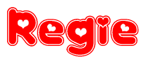 The image displays the word Regie written in a stylized red font with hearts inside the letters.