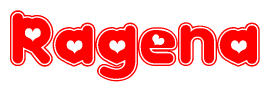 The image is a clipart featuring the word Ragena written in a stylized font with a heart shape replacing inserted into the center of each letter. The color scheme of the text and hearts is red with a light outline.