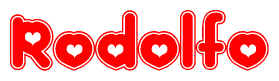 The image displays the word Rodolfo written in a stylized red font with hearts inside the letters.