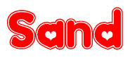 The image is a red and white graphic with the word Sand written in a decorative script. Each letter in  is contained within its own outlined bubble-like shape. Inside each letter, there is a white heart symbol.