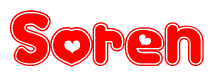 The image is a red and white graphic with the word Soren written in a decorative script. Each letter in  is contained within its own outlined bubble-like shape. Inside each letter, there is a white heart symbol.