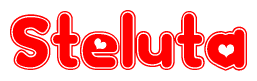 The image is a red and white graphic with the word Steluta written in a decorative script. Each letter in  is contained within its own outlined bubble-like shape. Inside each letter, there is a white heart symbol.