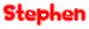 The image is a red and white graphic with the word Stephen written in a decorative script. Each letter in  is contained within its own outlined bubble-like shape. Inside each letter, there is a white heart symbol.