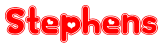 The image is a red and white graphic with the word Stephens written in a decorative script. Each letter in  is contained within its own outlined bubble-like shape. Inside each letter, there is a white heart symbol.