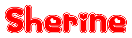 The image is a red and white graphic with the word Sherine written in a decorative script. Each letter in  is contained within its own outlined bubble-like shape. Inside each letter, there is a white heart symbol.