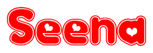 The image is a red and white graphic with the word Seena written in a decorative script. Each letter in  is contained within its own outlined bubble-like shape. Inside each letter, there is a white heart symbol.