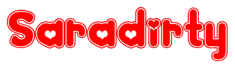 The image is a red and white graphic with the word Saradirty written in a decorative script. Each letter in  is contained within its own outlined bubble-like shape. Inside each letter, there is a white heart symbol.