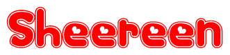 The image is a red and white graphic with the word Sheereen written in a decorative script. Each letter in  is contained within its own outlined bubble-like shape. Inside each letter, there is a white heart symbol.
