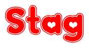 The image is a clipart featuring the word Stag written in a stylized font with a heart shape replacing inserted into the center of each letter. The color scheme of the text and hearts is red with a light outline.