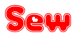 The image is a red and white graphic with the word Sew written in a decorative script. Each letter in  is contained within its own outlined bubble-like shape. Inside each letter, there is a white heart symbol.