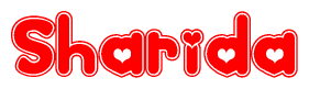 The image is a clipart featuring the word Sharida written in a stylized font with a heart shape replacing inserted into the center of each letter. The color scheme of the text and hearts is red with a light outline.