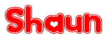 The image is a red and white graphic with the word Shaun written in a decorative script. Each letter in  is contained within its own outlined bubble-like shape. Inside each letter, there is a white heart symbol.