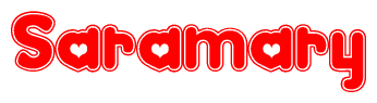 The image is a clipart featuring the word Saramary written in a stylized font with a heart shape replacing inserted into the center of each letter. The color scheme of the text and hearts is red with a light outline.