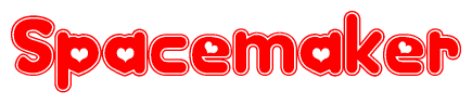 The image is a red and white graphic with the word Spacemaker written in a decorative script. Each letter in  is contained within its own outlined bubble-like shape. Inside each letter, there is a white heart symbol.