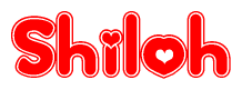 The image is a clipart featuring the word Shiloh written in a stylized font with a heart shape replacing inserted into the center of each letter. The color scheme of the text and hearts is red with a light outline.