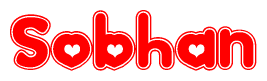 The image is a red and white graphic with the word Sobhan written in a decorative script. Each letter in  is contained within its own outlined bubble-like shape. Inside each letter, there is a white heart symbol.