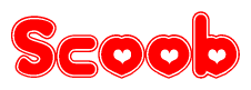 The image is a red and white graphic with the word Scoob written in a decorative script. Each letter in  is contained within its own outlined bubble-like shape. Inside each letter, there is a white heart symbol.