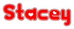 The image is a red and white graphic with the word Stacey written in a decorative script. Each letter in  is contained within its own outlined bubble-like shape. Inside each letter, there is a white heart symbol.