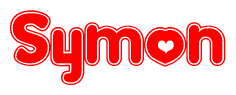 The image is a red and white graphic with the word Symon written in a decorative script. Each letter in  is contained within its own outlined bubble-like shape. Inside each letter, there is a white heart symbol.