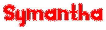 The image is a red and white graphic with the word Symantha written in a decorative script. Each letter in  is contained within its own outlined bubble-like shape. Inside each letter, there is a white heart symbol.