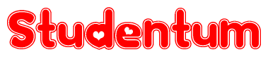 The image is a red and white graphic with the word Studentum written in a decorative script. Each letter in  is contained within its own outlined bubble-like shape. Inside each letter, there is a white heart symbol.