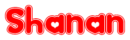 The image is a clipart featuring the word Shanan written in a stylized font with a heart shape replacing inserted into the center of each letter. The color scheme of the text and hearts is red with a light outline.