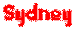The image is a red and white graphic with the word Sydney written in a decorative script. Each letter in  is contained within its own outlined bubble-like shape. Inside each letter, there is a white heart symbol.