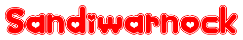 The image is a clipart featuring the word Sandiwarnock written in a stylized font with a heart shape replacing inserted into the center of each letter. The color scheme of the text and hearts is red with a light outline.