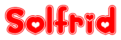 The image is a clipart featuring the word Solfrid written in a stylized font with a heart shape replacing inserted into the center of each letter. The color scheme of the text and hearts is red with a light outline.