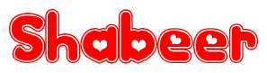 The image is a red and white graphic with the word Shabeer written in a decorative script. Each letter in  is contained within its own outlined bubble-like shape. Inside each letter, there is a white heart symbol.