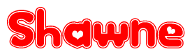 The image is a red and white graphic with the word Shawne written in a decorative script. Each letter in  is contained within its own outlined bubble-like shape. Inside each letter, there is a white heart symbol.