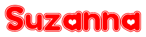 The image is a red and white graphic with the word Suzanna written in a decorative script. Each letter in  is contained within its own outlined bubble-like shape. Inside each letter, there is a white heart symbol.