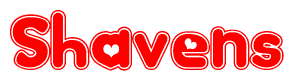 The image is a red and white graphic with the word Shavens written in a decorative script. Each letter in  is contained within its own outlined bubble-like shape. Inside each letter, there is a white heart symbol.